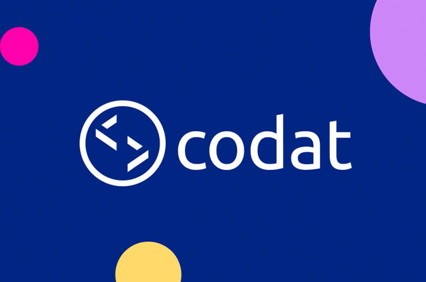Codat logo within a navy background with some colourful bubbles